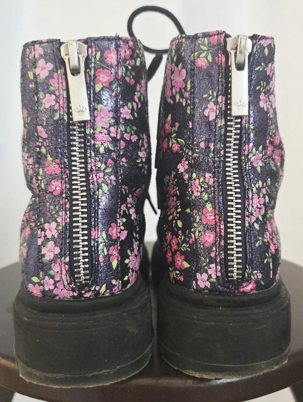 Nina Girls' Floral Lace-Up/Zip-Up Combat Boots - Black/Pink